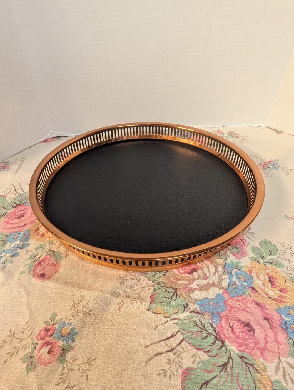 Coppercraft Guild 13" Round Barware Serving Tray Faux Leather Vintage Copper MCM